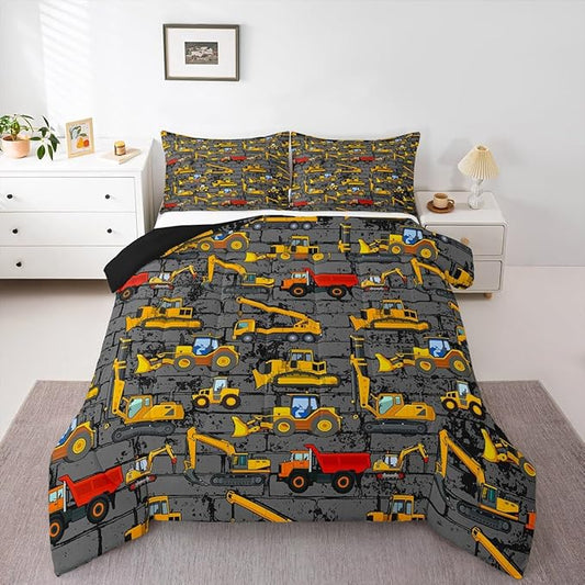 Erosebridal Excavator Comforter Set King,Tractor Construction Bedding Set for Kids Boys Teens Truck Room Decor,Cartoon Vehicle Car Bedding Comforter Construction Site Duvet Set Yellow Dark Grey 3 Pcs