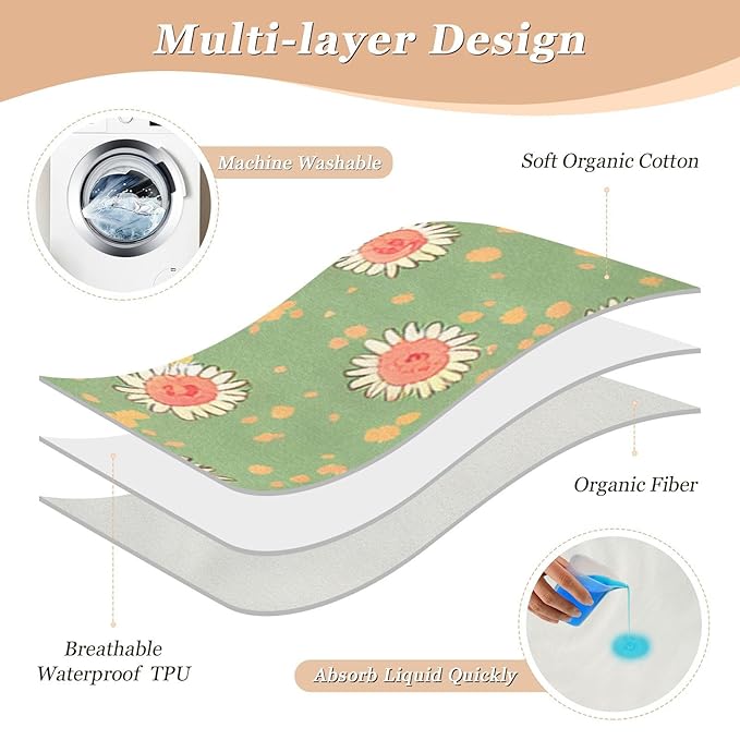 Waterproof Bed Pad Reusable Changing Pad Toddler Mattress Protector Large Pee Pad Baby Diaper Pad Soft Washable Liner Green Sunflower
