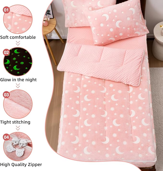 A Nice Night Star Moon Plush Zippered Comforter Set Zipper Bedding Glow in The Dark for Child, Twin,Pink
