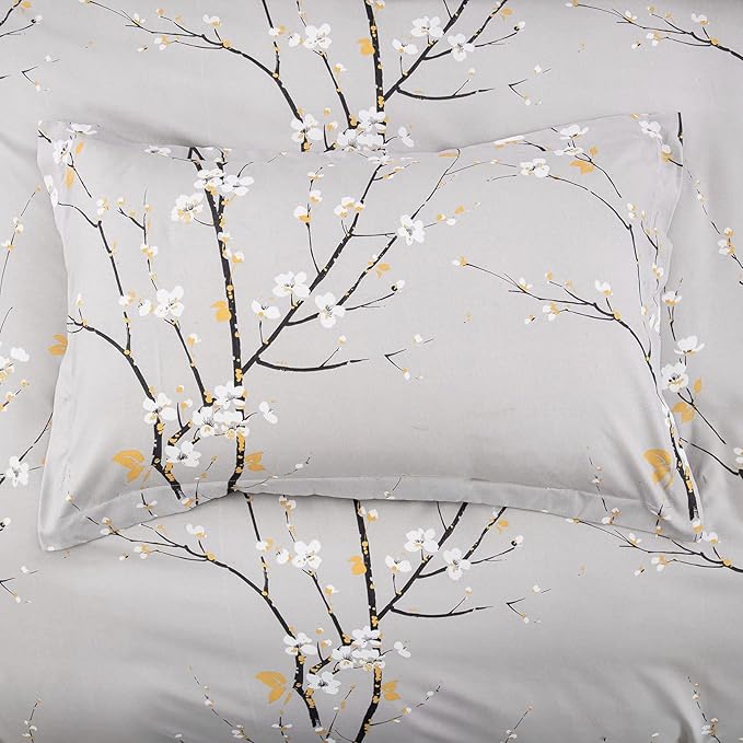 WONGS BEDDING Light Grey Floral Duvet Cover Set King, Flower Plum Blossom Prnited Bedding Set with 2 Pillowcase,3 Pcs Lightweight Comforter Cover with Zipper Closure for Kids 90"x103"(Not Comforter)