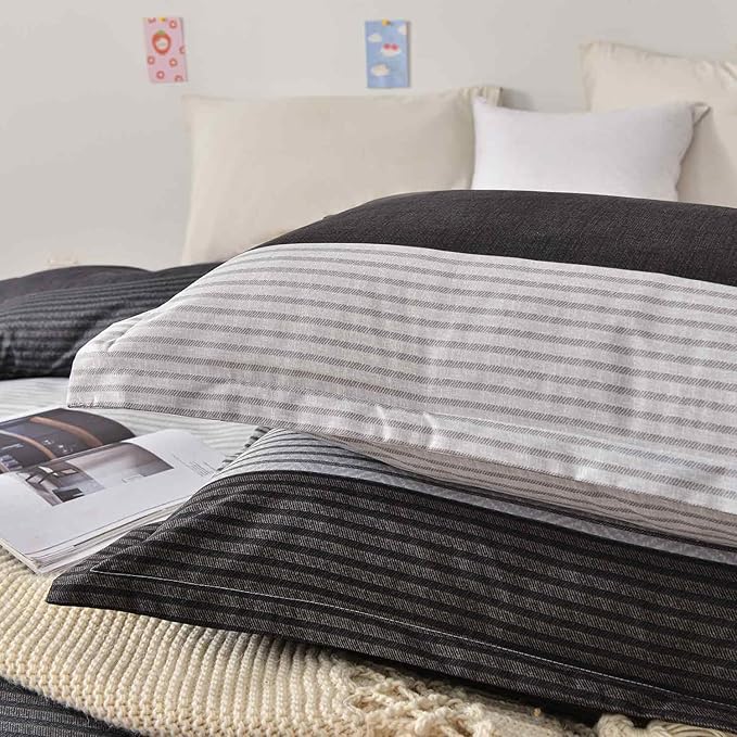 Faincy 7 Pcs Queen Size Comforter Set with Sheets, Black and Grey Patchwork Striped Pattern Printed Alternative Bed Sets - 90 x 90 Soft Microfiber Modern Bedding in a Bag for Women Men, Gray