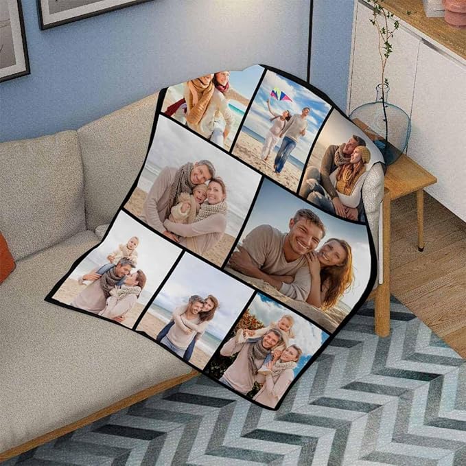Custom Blanket with Picture, 8 Photos Customizable Blanket Personalized Blankets Family Memory Gift for Dad Mom Grandpa Grandma