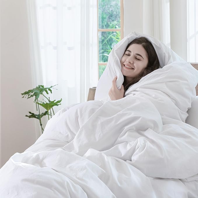 MooMee Bedding Duvet Cover Set 100% Washed Cotton Linen Like Textured Breathable Durable Soft Comfy (Solid Bright White, Cal King 104"x98")