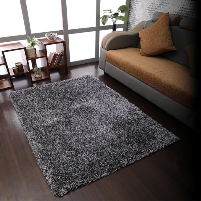 Hand Tufted SHAG Polyester ECO-Friendly Area Rugs - 9'x12', Rectangle, Blue White, Solid Plain Design, High Pile Thick Handmade Anti Skid Rugs for Living Room, Bed Room K00111
