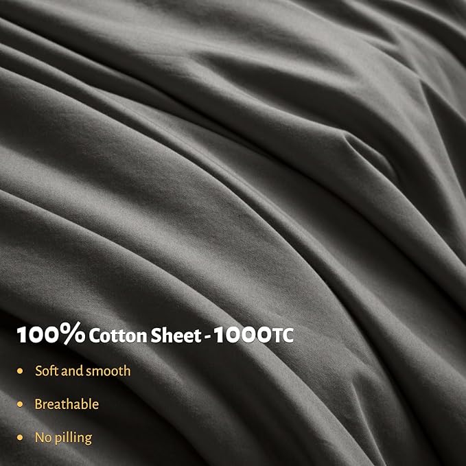 Shilucheng 100% Egyptian Cotton Sheets Set - 1000 Thread Count，Luxury Cotton Bed Sheets，Breathable & Cooling Bedding and Pillow Cases, 16 Inch Deep Pocket - 4 Piece (California King, Dark Grey)