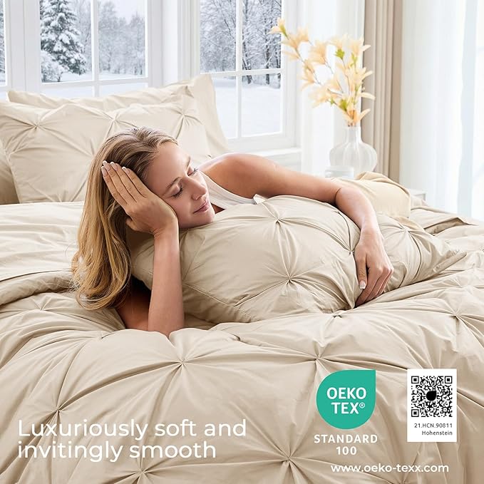 Sasttie Twin XL Comforter Set, 5-Piece Bed in a Bag, Pintuck Bedding Sets for All Season, Includes Comforter, Flat Sheet, Fitted Sheet, Pillowcase and Pillowsham, Warm Beige