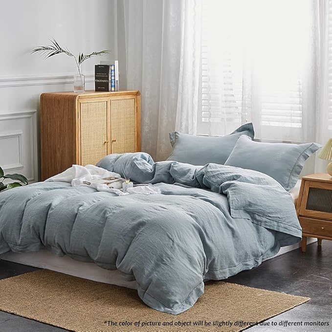 Simple&Opulence 100% Washed Linen Duvet Cover Set with Embroidered,3 Pieces Soft Farmhouse Comforter Set with Button Closure,1 Duvet Cover and 2 Pillowshams(King,Dusty Blue)