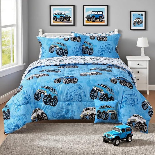Mooreeke Kids Full Comforter Sets for Boys 8 Pieces Truck Blue Bedding Set for Teens Soft Microfiber Kids Bed in A Bag with Comforter, Sheet Set, Shams and Decorative Toy Pillow All Season