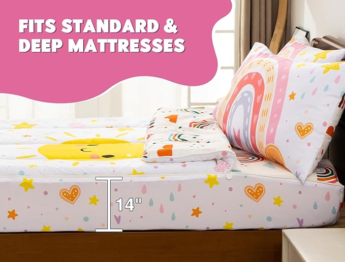 Meeting Story 3pcs Kids Comforter Set Zipper Bedding Set for Girls,Twin Kid Bedding Set Rainbow Comforter Set for Kid,All in one Zipper Bedding（White,Twin）