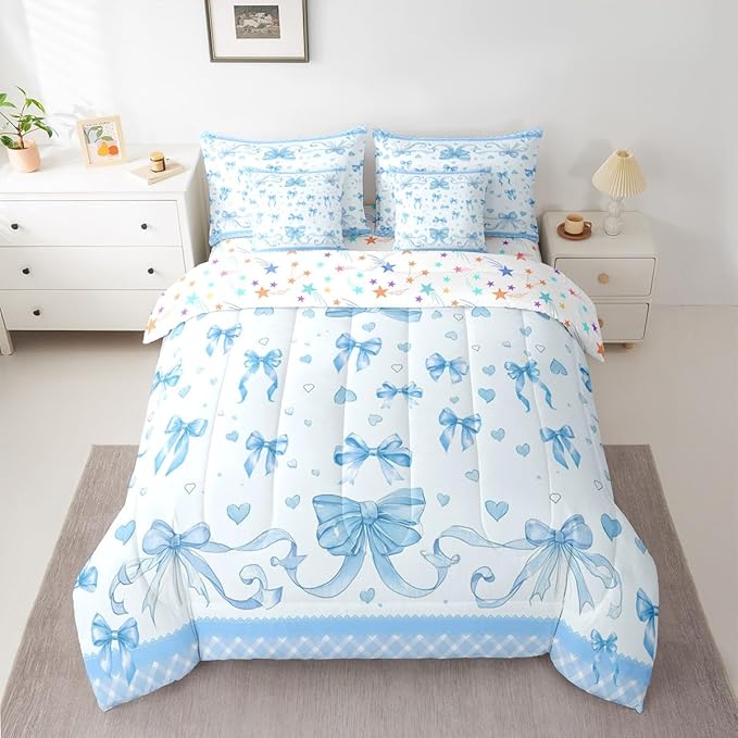 Feelyou Bowknot King Comforter Set with Sheets for Kids Boys Girls Dreamy Princess 7 Pieces Bedding Set Cute Bow Bed in a Bag Love Hearts Room Decor Soft Lightweight Microfiber