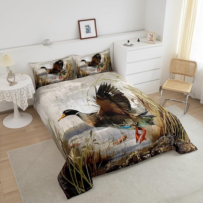 Feelyou Mallard Duck Bedding Set Boys Girls Wild Duck Hunting Comforter Set for Kids Women Men Soft Lodge Cabin Farmhouse Comforter Quilt Room Decor King Size Duvet Set Boys