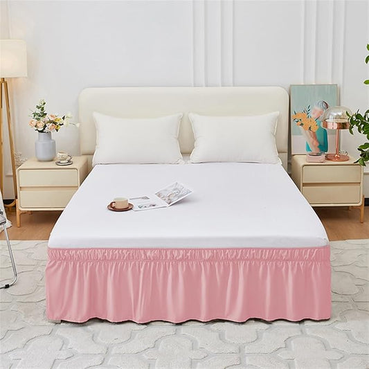 GIBZ Adjustable Wrap Around Ruffled Bed Skirt, Elastic Dust Ruffles Easy Fit Wrinkle & Fade Resistant, Machine Washable, Full 16" Drop, Pink