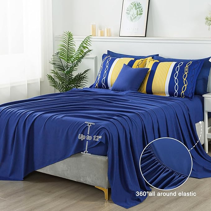 8 Pieces Bed in a Bag Stripe Comforter Set King Size,Patchwork Striped Comforter with Sheets Set Soft Microfiber Boho Bedding Sets (Blue Yellow)