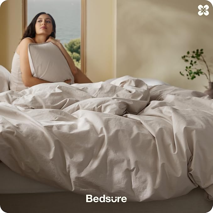 Bedsure Cotton Duvet Cover Oversized King - Luxury Slub Weave 100% Cotton Duvet Cover with a Linen Like Textured, Easy Change Durable Bedding, Natural Linen, 120" x 98"