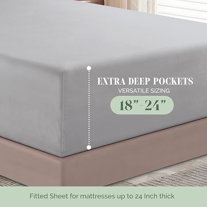 Elegant Comfort Luxurious 1500 Premium Hotel Quality Microfiber 4-Piece Sheet Set, 18-24 Inches Deep - Extra Deep Pocket Sheets - Ultra Soft 4PC Deep Pocket Sheets, Full, Silver Gray