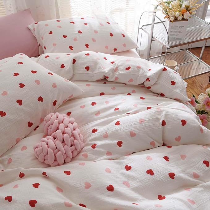 Nayoroom Heart Duvet Cover Full Size Red Pink Hearts Printed on White Coquette Bedding Set for Kids Girls 3 Pcs Soft Breathable Microfiber Comforter Cover with Zipper Closure