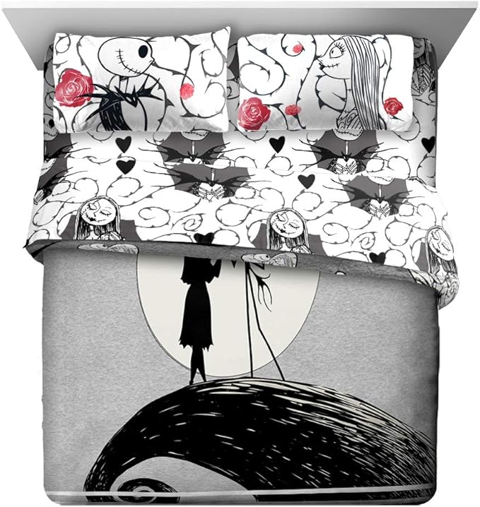 Jay franco Disney Nightmare Before Christmas Moonlight 7 Pc Jay franco Queen Bed Set-Includes Reversible Comforter&Sheet Set-Features Jack&Sally-Super Soft Fade Microfiber-(Official Disney Product)