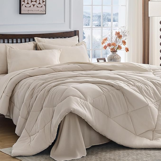 HEVUMYI Beige Tan Cali-King Comforter Set - 7-Piece All Season Bed in a Bag Cali-King, Ultra Soft Bedding Set with Comforter, Flat Sheet, Fitted Sheet, Pillowcases, Pillow Shams, Beige Tan