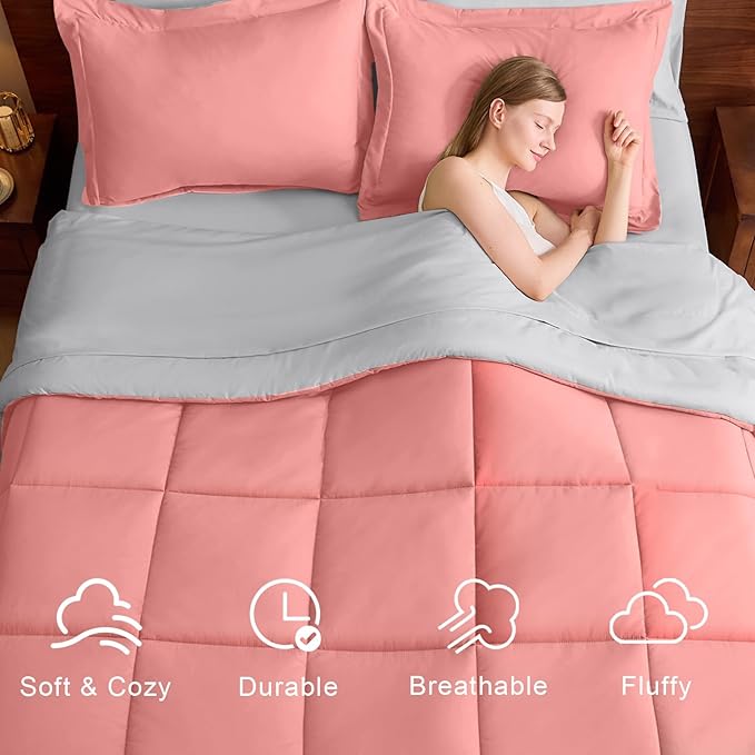 FUANNA Queen Comforter Set 7 Pieces, Reversible Bed in a Bag with All Season Soft Comforter, Bedding Sets Includes Comforter, Flat Sheet, Fitted Sheet, Pillowcases & Shams, Pink & Light Grey