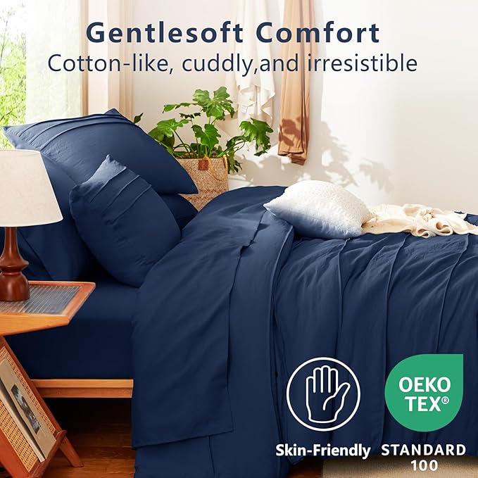 CozyLux Queen Comforter Set Navy Blue, 7 Pieces Soft Pinch Pleat Bed in a Bag Queen Comforter Set with Sheets, Boho Bed Set with Down Alternative Comforter, Sheets, Pillowcases & Shams