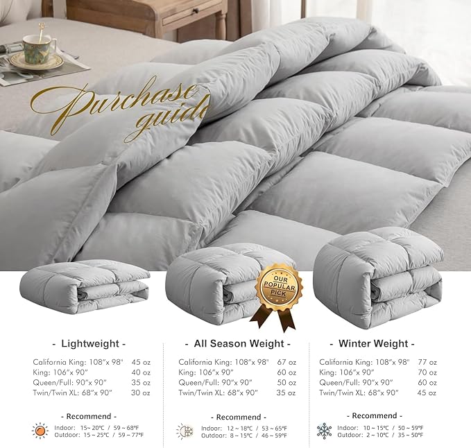 Royoliving King Size Feather Down Comforter Duvet Insert Grey - 100% Organic Cotton Shell - 750 Fill Power Hotel Collection with Corner Loops (106''×90'', White)