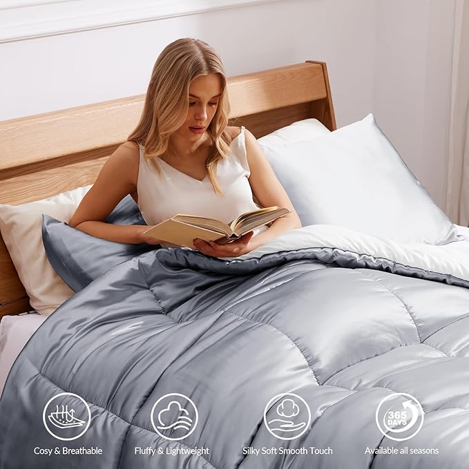 Whale Flotilla 3-Piece Reversible Silky Soft King Size Comforter Bedding Set, Luxurious Satin Comforters Oversized with 2 Satin Pillowcases, Lightweight Duvet for All Seasons, Grey