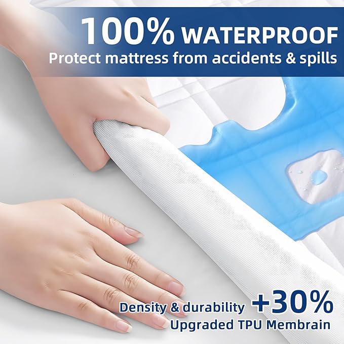 Twin XL Mattress Protector, Breathable Waterproof Mattress Pad Cover Fitted Deep Pocket 8"-21", Soft Noiseless Mattress Cover Washable Cooling Padded ffor Home, College Dorm, White