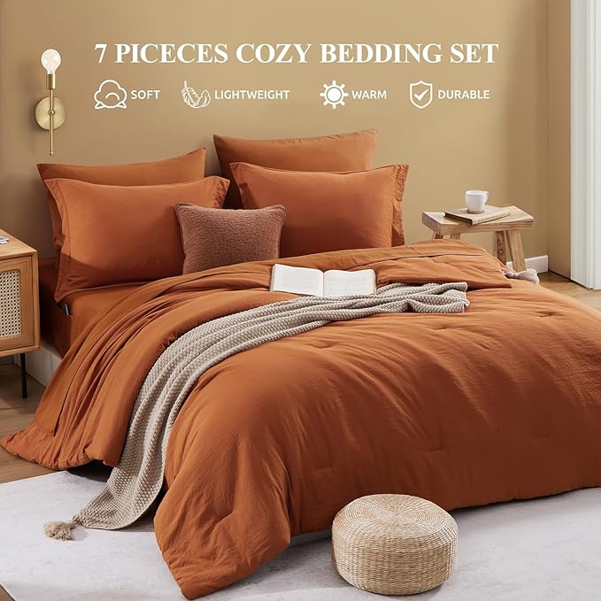 WRENSONGE Super King Comforter Set- 7 Pieces Soft Burnt Orange Bed in a Bag with Fitted Sheet, Flat Sheet, 2 Shams, and 2 Pillowcases-Warm Bed Sets Fall Comforter for All Seasons