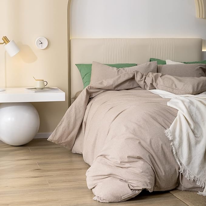 JIYUAN 100% Washed Cotton Duvet Cover Set Comfy Simple Style Soft Breathable Textured Durable Linen Feel Bedding for All Seasons Queen, Taupe
