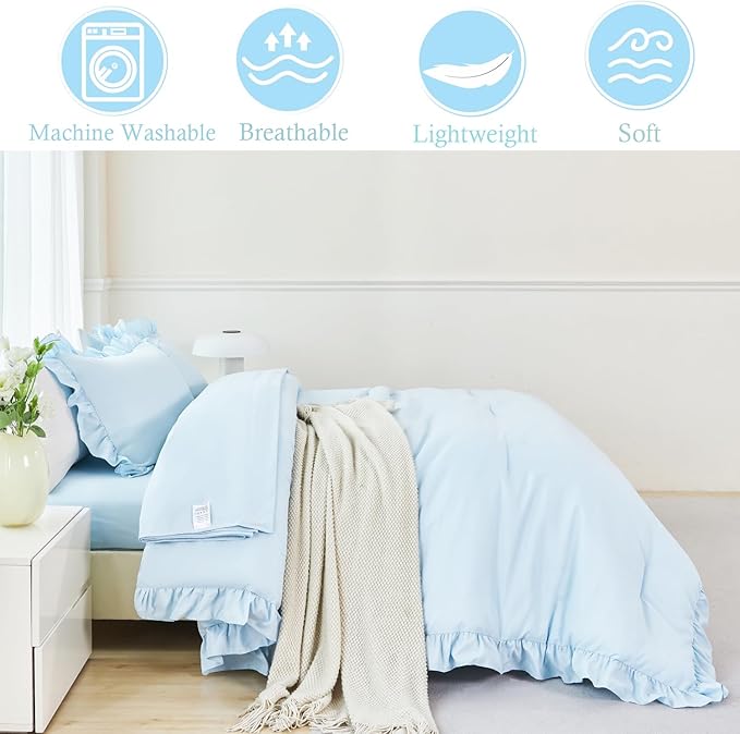 ANGIYUIN Light Blue Ruffle Girls Comforter Set Twin Size 5 Pieces Ruffled Farmhouse Bed in A Bag Solid Boho Bedding Comforter Sets Soft Fluffy Bed Sets for Kids Girl(Light Blue Twin)