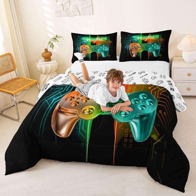 Feelyou Gamer Comforter Kids Gaming Video Game Comforter Set for Boys Teens Noverlty Modern Gamepad Bedding Set Breathable Gamer Console Bedding Duvet Set Bright Orange Green Room Decor Full Size