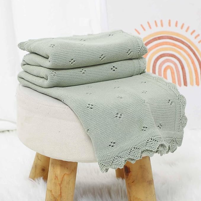 mimixiong Cotton Baby Blanket Knitted Crochet Receiving Crib Nursery Swaddling Blankets for Newborn Baby Boy Girl Sage Green 30x40 Inch