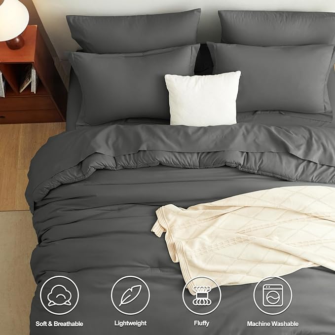CozyLux Full Size Comforter Set Dark Grey, 7 Pieces Bed in a Bag Full Comforter Set with Sheets, Bedding Set with Down Alternative Comforter, Fitted Sheets, Flat Sheets, Pillow Shams and Pillowcases