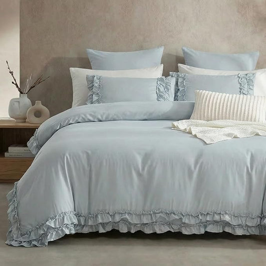 Bedrom Ruffled Queen Duvet Cover Set Blue Grey Bedding Set Shabby Chic Light Gray Boho Bedding Super Soft Lightweight Farmhouse Ruffle Duvet Cover Set for All Season