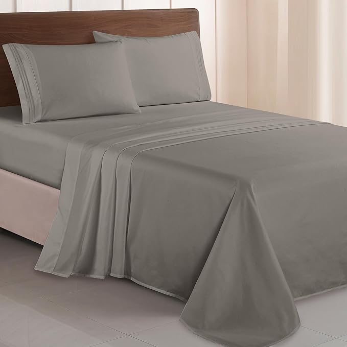 Elegant Comfort Luxurious 1500 Premium Hotel Quality Microfiber Three Line Embroidered Softest 4-Piece Bed Sheet Set, Wrinkle and Fade Resistant, Queen, Gray