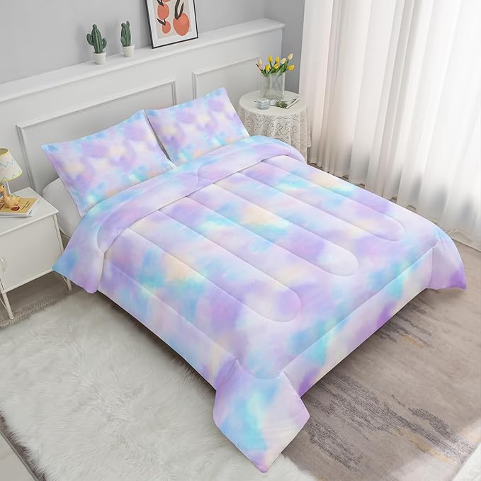 Axolotl Tie Dye Bedding Set Twin,Pink Blue Purple Cloud Comforter Set,Boho Psychedelic Bedding Colorful Tie Dye Pastel Comforter Set,Rainbow Bedding Set for Women,1 Quilt 2 Pillowcases