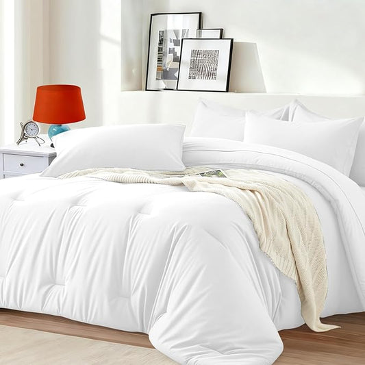 California King Comforter Set 7 Pieces - Ultra-Soft Bed in a Bag, Cozy Luxury All Season Bedding Sets with Comforter, Flat Sheet, Fitted Sheet, 2 Pillow Shams & 2 Pillowcases, White