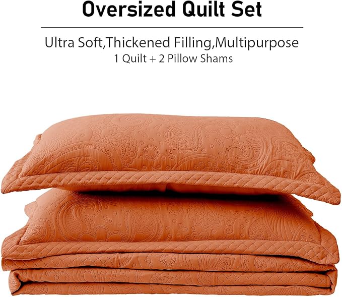 Qucover Oversized King Bedspreads 120x120, 3 Piece California King Quilts Oversized, Ultrasonic Quilting Soft Microfiber Lightweight Pumpking Cal King Quilt with Shams, Burnt Orange