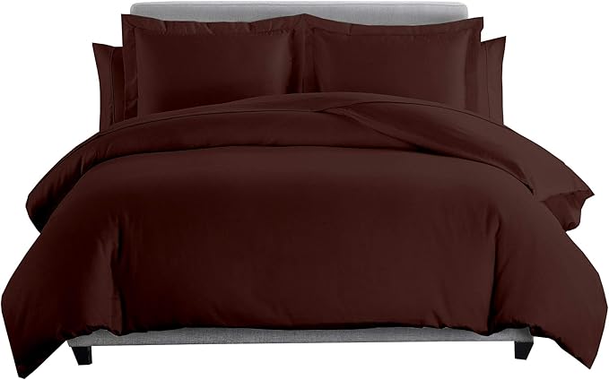 8 Pieces 100% Cotton Solid Chocolate Full Goose Down Bed in a Bag Set Including 600TC Sheet Set + 600TC Duvet Cover Set+ All Season Striped Goose Down Comforter 600 Fill Power