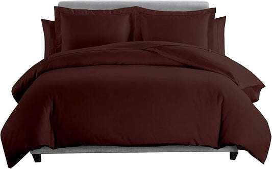 8 Pieces 100% Cotton Solid Chocolate Full Goose Down Bed in a Bag Set Including 600TC Sheet Set + 600TC Duvet Cover Set+ All Season Striped Goose Down Comforter 600 Fill Power