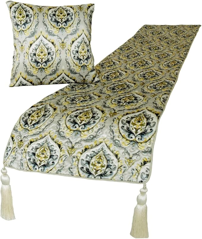 The HomeCentric King/Queen/Twin Grey & Yellow Designer Queen 74"x18" Bed Runner with Pillow Cover, Quilted, Damask & Tassels Bed Scarf on Jacquard Fabric - Flamey Damask