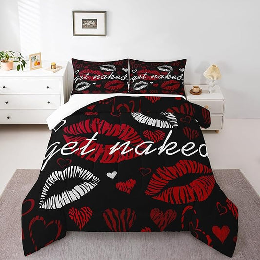 Feelyou Sexy Lips Comforter Funny Get Naked Comforter Set for Couple Lover Kiss Bedding Set White Red Woman Mouth Pattern Decor Duvet Set Room Decor Full Size Quilt Set 3Pcs