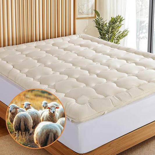 Luxury 100% Organic Wool Mattress Topper Made from Australian Merino,Extra Thick Pillow Top Mattress Pad with 100% Cotton Cover, Fuffy Mattress Cover (Beige, Queen(60"x80"))