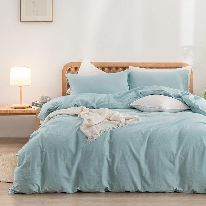 BESTOUCH Duvet Cover Set 100% Washed Cotton Linen Feel Super Soft Comfortable Chic Lightweight 3 PCs Home Bedding Set Solid Hushed Green King