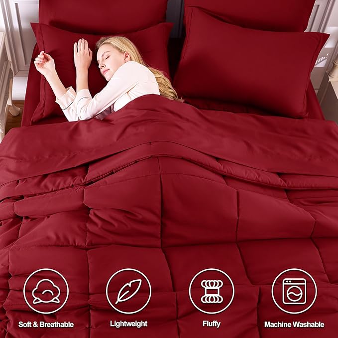 CozyLux Queen Comforter Set Dark Red - 7 Pieces Bed in a Bag Queen, All Season Breathable Bedding Sets, Oeko-Tex Certified Bed Set with Down Alternative Comforter, Sheets, Pillowcases & Pillow Shams