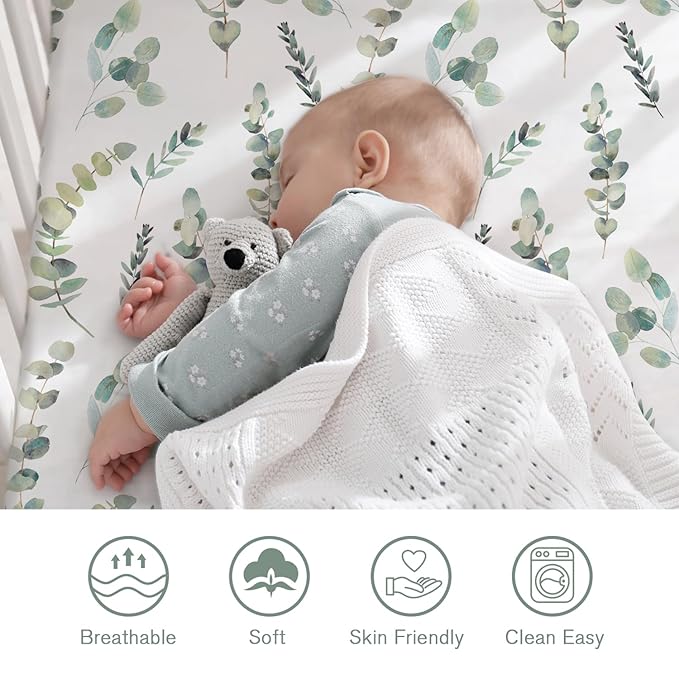 Little Grape Land Pack and Play Sheets Mini Crib Sheets Soft Breathable Pack N Play Sheets, Playard Fitted Sheet 2 Pack Stretchy Fits 38"x26" Playard Mattress, Green Leaves