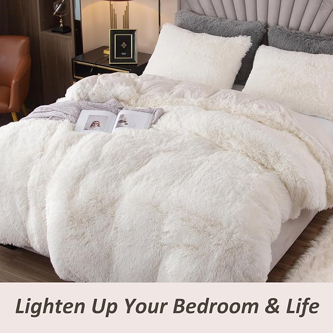 EMME Luxury White Fuzzy Duvet Cover Set King Size 3 Pieces Fluffy Comforter Cover Set for King Bed Shaggy and Plush Soft Bedding Duvet Covers (White, King)