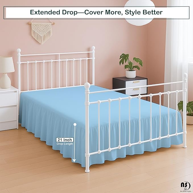 Premium Microfiber Queen Ruffled Bed Skirt, 21” Drop with Split Corners, Soft Wrinkle Free Bedskirt with Platform, Solid Light Blue Dust Ruffle for 60" x 80" Mattress