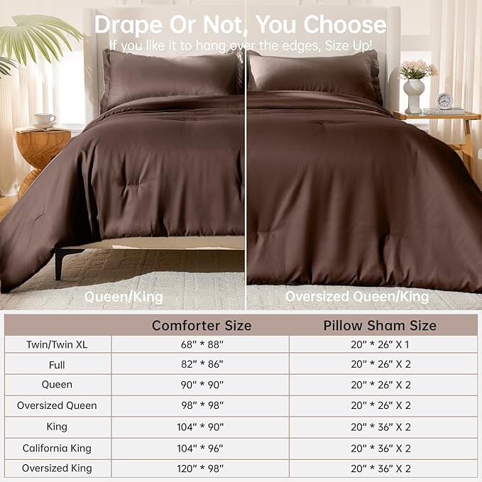 MUXHOMO King Size Comforter Set, All Season Ultra Soft Down Alternative Bedding - 3 Piece Lightweight Bed Set Includes 1 Comforter (104"x90") and 2 Pillow Shams (20"x36"), Dark Brown