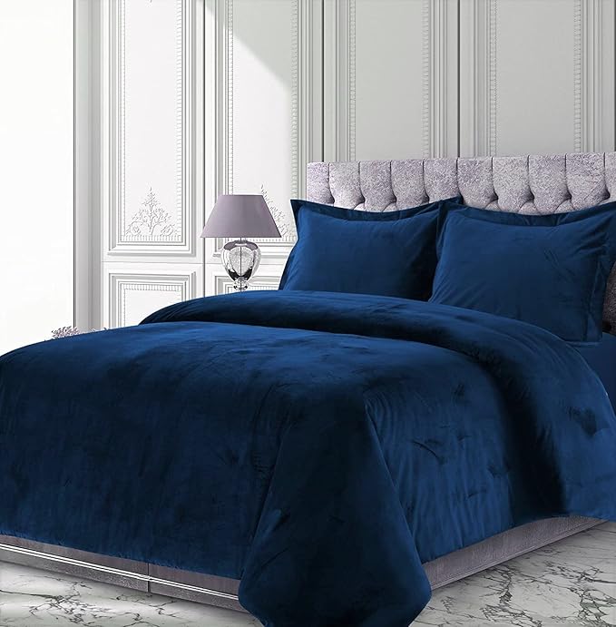 Navy Blue 3 Pieces Velvet Comforter Set Twin Size (Comforter + 2 Pillowcases) Crinkle Crushed 400 GSM